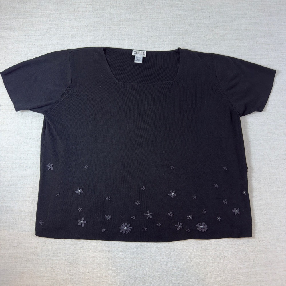 Clio II Womens Black Silk Cotton Knit Top Floral Applique Beaded Square Neck